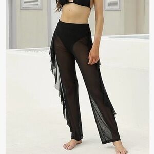 Ruffle Sheer Mesh Swimwear Bikini Cover Up Pants See Through Medium